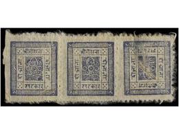 (*) NEPAL. Mi.17Ak. 1899-1907. 2 Annas Grey Blue, Pin Perf. 5 Strip Of Three. Tete-beche, Thinned. - Autres & Non Classés