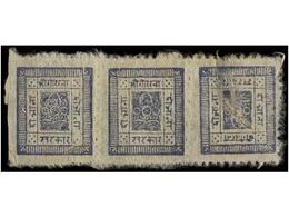 (*) NEPAL. Mi.17Ak. 1899-1907. 2 Annas Grey Blue, Pin Perf. 5 Strip Of Three. Tete-beche, Thinned. - Otros & Sin Clasificación