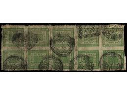 ° NEPAL. Mi.20A (10). 1898-99. 4 Annas Green, Pin Perf. Settings 6-7. Block Of Ten With KATHMANDU Cancel. Rare, Second L - Other & Unclassified
