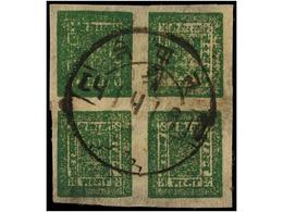 ° NEPAL. Mi.33c (4). 1928. 4 Annas Deep Green. Block Of Four With KATHMANDU Postal Cancel. - Autres & Non Classés