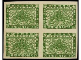 NEPAL. Mi.38, 39. 1930 (May). 2 Pice Yellow Brown And 4 Pice Green. Imperforate Perkins And Bacon Plate Proofs Block Of - Autres & Non Classés