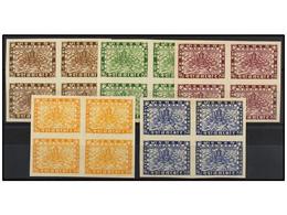 (*) NEPAL. Mi.46/47, 49/51. 1935 (May). Imperforate Perkins, Bacon Plate Proofs. Block Of Four, Five Stamps. The 8 Pice - Autres & Non Classés