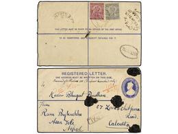 NEPAL. 1921. KATHMANDU To CALCUTTA. Indian Registered Envelope Of 2 Annas Uprated With 3p. And 2a. Indian Stamps. - Autres & Non Classés