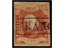 ° INDIA HOLANDESA. Mi.1. 1864. 10 Cts. Red, Blue FRANCO Cancel, Complete Margins. Michel.130€. - Other & Unclassified