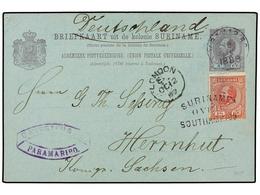 SURINAM. 1889. PARAMARIBO To GERMANY. 5 Cts. Lilac Card Uprated With 2 1/2 Cent. Stamp Cancelled By SURINAME/OVER/SOUTHA - Other & Unclassified