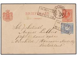 SURINAM. 1892. PARAMARIBO A ALEMANIA. Entero Postal De 2 1/2 Cts. Rojo Con Franqueo Adicional De 5 Cts. Azul, Marca SURI - Otros & Sin Clasificación