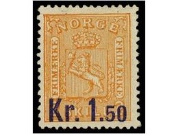 * NORUEGA. Mi.63. 1905. 1,50 Kr. On 2 Sk. Orange. DEEP BLUE Surcharge. (Facit 88b 1.200 Skr.). - Altri & Non Classificati