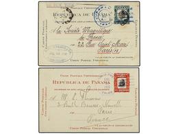 PANAMA. 1909-1920. Dos Enteros Postales De 1 Ctvo. Verde Y Negro Y 2 Ctvos. Rojo Y Negro, Circulados A Francia. - Autres & Non Classés