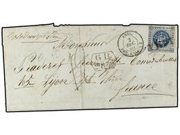 PERU. 1860. E.L. To FRANCE With 1860 1 D. Blue Tied By S/line LIMA Cancel With Boxed GB/2F 87 5/10 C. Accountancy Mark, - Altri & Non Classificati