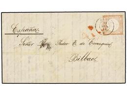 PERU. Sc.12. 1864. PASCO A BILBAO (España). 1 Dinero Rojo, Mat. Fechador PASCO/T, Tasada A La Llegada Con 4 Reales. Rara - Autres & Non Classés