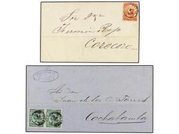 PERU. Sc.16, 17. 1867-68. Dos Cartas Circuladas De TACNA A COCHABAMBA Y COROCORO Con Sellos De 5 Cts. Verde (2) Y 10 Cts - Otros & Sin Clasificación