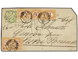 PERU. 1871. LIMA A ITALIA. 1 Dinero Verde, Tasada A La Llegada Con 2 Liras 30 Cts. Pagados Con Sellos De 10 Cts., 50 Cts - Autres & Non Classés