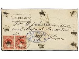 PERU. Sc.27 (2). 1879. HUANCAVELICA A LIMA. 20 Cts. Carmín (2), Marca Lineal Ovalada CERTIFICACION. Al Dorso ´recibí´ Ma - Autres & Non Classés