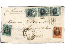 PERU. Yv.59, 62(3), 68. 1883. LIMA A PARIS. 1 Ctvo. Verde, 2 Ctvos. Rojo Y 10 Ctvos. Verde (3), Habilitados Con El Trian - Autres & Non Classés