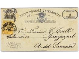 PERU. 1886. LIMA A GUAYAQUIL (Ecuador). Entero Postal De 2 Ctvos. S. 5 Ctvos. (habilitacion En Gris) Con Franqueo Adicio - Autres & Non Classés