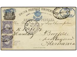 PERU. 1898. CALLAO A ALEMANIA. Entero Postal De 2 Ctvos. S. 5 Ctvos. (habilitacion En Azul) Con Franqueo Adicional De 1 - Autres & Non Classés