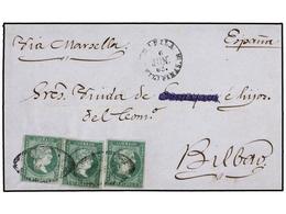 FILIPINAS. Ed.6a(3). 1863. MANILA A ESPAÑA. 1 Real Verde (3). Mat. PARRILLA COLONIAL, Parte De La Direccion Ha Sido Tach - Other & Unclassified