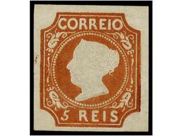 (*) PORTUGAL. Af.1. 1853. 5 Reis Castaño Rojo, Tipo I. Color Fresco, Excelente Relieve. MUY BONITO EJEMPLAR. Cert. MIRAN - Altri & Non Classificati