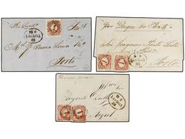 PORTUGAL. 1858-59. CORREO MARÍTIMO. 3 Cartas, Una Dirigida A AZORES, Circulados Con Sellos De 25 Reis Rosa, Manuscrito ´ - Altri & Non Classificati