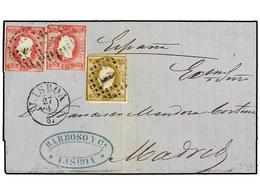 PORTUGAL. Af.21, 22 (2). 1867. LISBOA A MADRID. 20 Reis Bistre Y 25 Reis Rosa (2) Doble Porte. Al Dorso Llegada. RARO Fr - Other & Unclassified