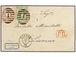 PORTUGAL. Af.31, 33. 1870. LISBOA A LIVORNO (Italia). 50 Reis Verde Y 100 Reis Lila, Mat. Numeral ´1´ De Lisboa, Al Dors - Other & Unclassified