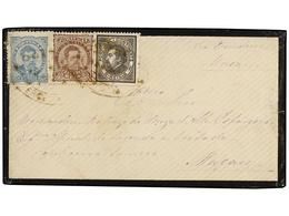 PORTUGAL. Af.52, 57, 58. 1887. PORTUGAL A MACAO. 5 Reis Negro, 25 Reis Castaño Y 50 Reis Azul. Precioso Franqueo Tricolo - Autres & Non Classés