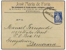 PORTUGAL. Mu.414. (1927 CA.). FUNCHAL A DEMERARA (Guayana Inglesa). 1 Esc. 60 Cts. Azul, Mat. Ovalado Marítimo Holandés - Otros & Sin Clasificación