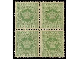 (*) ANGOLA. Af.10. 1881. 10 Reis Verde. Dent. 12 1/2 PAPEL FINO. Bloque De Cuatro. MAGNIFICO. Cert. N.F.D.P. Afinsa.+155 - Otros & Sin Clasificación