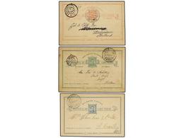 CABO VERDE. 1892-1904. Tres Enteros Postales De 10 Reis Azul, 20 Reis Rosa Y 30 Reis Verde Circulados En El Interior Y A - Other & Unclassified