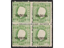 **/* PORTUGAL: MADEIRA. Af.27. 1879. 10 Reis Verde Amarillo. Bloque De Cuatro, Regular Centraje. Afinsa.912€. - Otros & Sin Clasificación