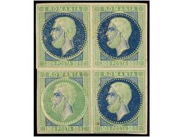 RUMANIA. Mi.42. 1872. COMPOSITE ESSAY. 50 Bani Green And Blue ´decoupant´ Essay In Block Of Four, Carton Paper, One Stam - Otros & Sin Clasificación