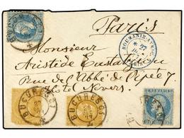 RUMANIA. 1877. BUCAREST To PARIS. 5 B. Ocre (2) And 10 B. Blue. On Front Arrival ROUMANIE-AVBIC/PARIS Cds. Part Of Flap - Autres & Non Classés