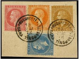 RUMANIA. Mi.39, 40, 42, 44. 1878. 5 Bani Yellow Brown, 10 Bani Blue,  25 Bani Orange And 50 Bani Rose On Piece With BUCA - Autres & Non Classés