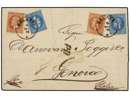 RUMANIA. Mi.39 (2), 41 (2). 1874. GALATZA To GENOVA. 10 Bani Blue (2) And 15 Bani Redbrown (2), With GALATZI Cds. - Autres & Non Classés