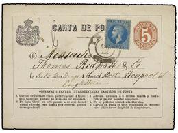 RUMANIA. Mi.39. 1877. JASSY To GREAT BRITAIN. 5 Bani Brown Stationery Card, Uprated By 10 Bani Blue Stamp. - Autres & Non Classés