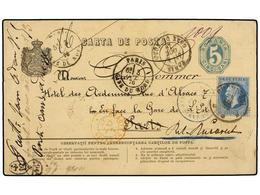 RUMANIA. Mi.39. 1876. BUCAREST To PARIS. Stationery Card Uprated 10 Bani Blue, Returned To The Sender. - Autres & Non Classés