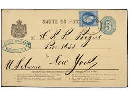 RUMANIA. Mi.39. 1876. BUCAREST To NEW YORK (USA). 5 Bani Blue Stationery Card Uprated By 10 Bani Blue Stamp, Arrival On - Autres & Non Classés