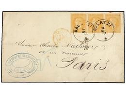 RUMANIA. Mi.41 (3). 1874. GALATZ To PARIS (France). 25 Bani Orange, Strip Of Three, Tied By GALATZI/*cds. Arrival On Bac - Autres & Non Classés