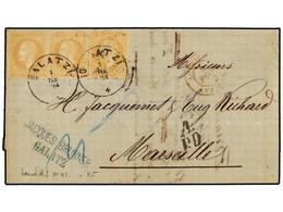 RUMANIA. Mi.41 (3). 1874. GALATZ To MARSEILLE (France). 25 Bani Orange, Strip Of Three With GALATZI Cds. Arrival On Back - Autres & Non Classés