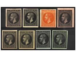 RUMANIA. Mi.43 (8). 1876. 1 1/2 Bani ESSAYS. Group Of 8 Stamps Black On Different Colours Paper. - Autres & Non Classés