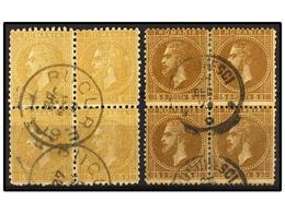 ° RUMANIA. Mi.44(8). 1876. 5 Bani Yellow And 5 Bani Brown. 2 Blocks Of Four. Fine Used. - Autres & Non Classés