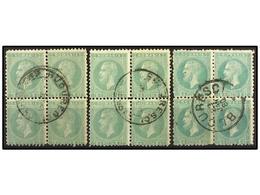 ° RUMANIA. Mi.44 (12). 1879. 5 Bani Green. Three Blocks Of Four, Fine Used. - Autres & Non Classés