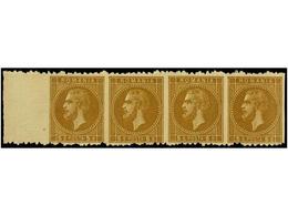 RUMANIA. Mi.44 (4). 1876. 5 Bani Bister. ESSAY. Strip Of Four, IMPERFORATED VERTICALLY. - Autres & Non Classés