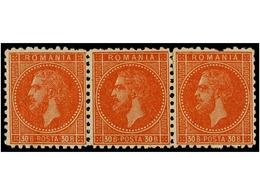* RUMANIA. Mi.47 (3). 1876. 30 Bani Orange. Strip Of Three, Fresh And Original Gum, One Stamp Perforation Fault. A Rare - Autres & Non Classés