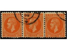 ° RUMANIA. Mi.47 (3). 1876. 30 Bani Orange Red, Strip Of Three. Fine Used, Scarce Multiple. Michel.+180€. - Autres & Non Classés