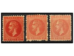 * RUMANIA. Mi.50F (3). 1879. 5 Bani Red ERROR OF COLOUR Three Stamps, Different Shades. Michel.600€. - Autres & Non Classés