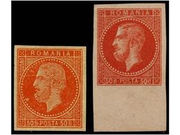 RUMANIA. Mi.54 (2). 1879. 50 Bani Orange And 50 Bani Rosered. ESSAYS. IMPERFORATE. - Autres & Non Classés