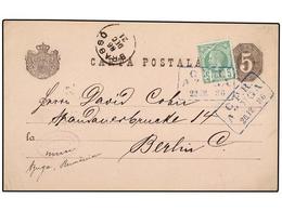 RUMANIA. Mi.62. 1886. BUGA To GERMANY. 5 Bani Black Stationery Card Uprated By 5 Bani Stamp Tied With RAILWAY Box Cancel - Autres & Non Classés