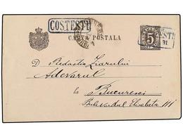 RUMANIA. 1891. COSTESTI To BUCAREST. 5 Bani, Black Stationery Card, Tied With RAILWAY Box Cancel C.F.R./COSTESTI And Lin - Autres & Non Classés