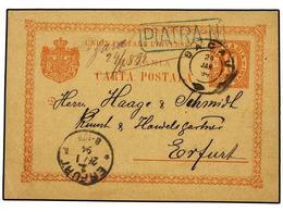 RUMANIA. 1894. PIATRA To GERMANY. 10 Bani Red Stationery Card, Tied With RAILWAY Box Cancel PIATRA-N. Fine. - Autres & Non Classés